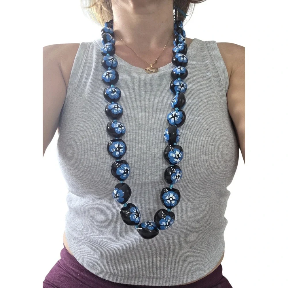 Kukui Nut Lei Hibiscus BLUE Flower Necklace Hawaiian Wedding Luau Graduation